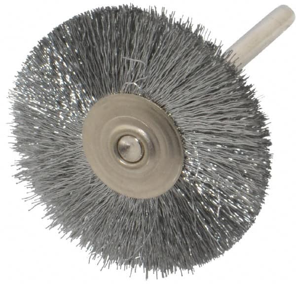 Weiler - 1-1/4" OD, 1/8" Shank Diam, Crimped Steel Wheel Brush - 3/8" Trim Length, 0.005" Filament Diam, 37,000 RPM - A1 Tooling