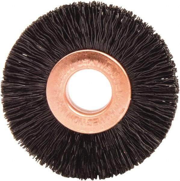 Weiler - 1-1/2" OD, 3/8" Arbor Hole, Nylon Wheel Brush - 1/4" Face Width, 7/16" Trim Length, 0.01" Filament Diam, 20,000 RPM - A1 Tooling