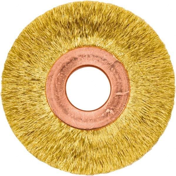 Weiler - 2" OD, 1/2" Arbor Hole, Crimped Brass Wheel Brush - 3/8" Face Width, 1/2" Trim Length, 0.005" Filament Diam, 20,000 RPM - A1 Tooling