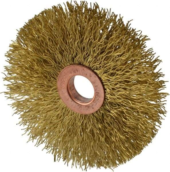 Weiler - 3" OD, 1/2" Arbor Hole, Crimped Brass Wheel Brush - 5/8" Face Width, 1" Trim Length, 0.014" Filament Diam, 20,000 RPM - A1 Tooling