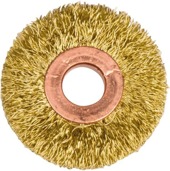 Weiler - 2" OD, 1/2" Arbor Hole, Crimped Brass Wheel Brush - 3/8" Face Width, 1/2" Trim Length, 0.0118" Filament Diam, 20,000 RPM - A1 Tooling