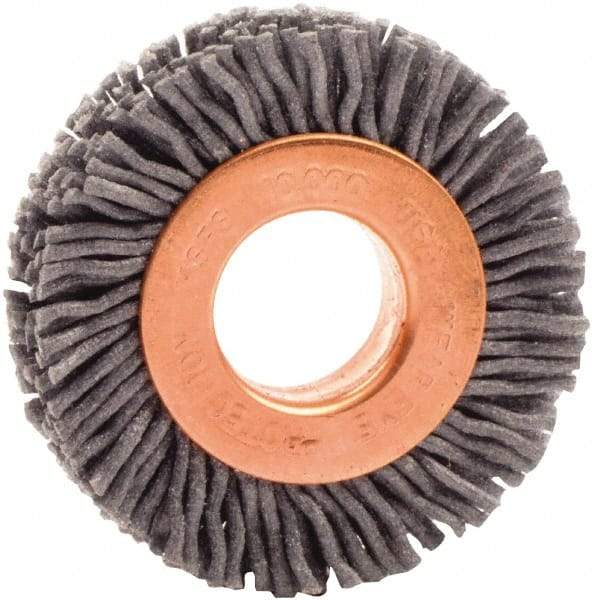 Weiler - 1-1/2" OD, 1/2" Arbor Hole, Nylon Wheel Brush - 3/8" Face Width, 1/4" Trim Length, 0.035" Filament Diam, 10,000 RPM - A1 Tooling