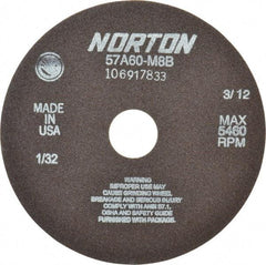 Norton - 7" 60 Grit Aluminum Oxide Cutoff Wheel - 1/32" Thick, 1-1/4" Arbor, 5,460 Max RPM, Use with Stationary Grinders - A1 Tooling