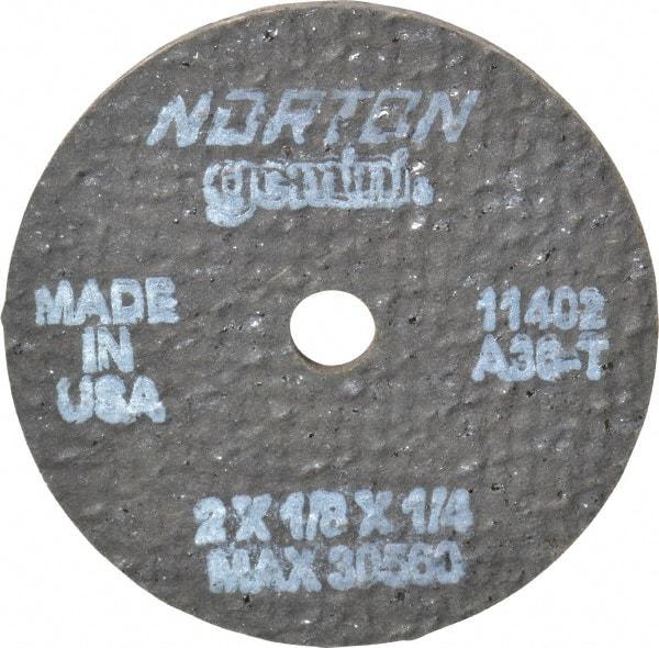 Norton - 2" 36 Grit Aluminum Oxide Cutoff Wheel - 1/8" Thick, 1/4" Arbor, 30,560 Max RPM, Use with Die Grinders - A1 Tooling