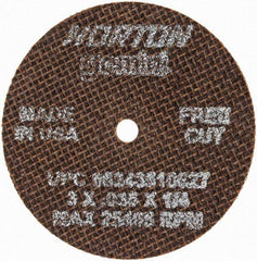 Norton - 3" 60 Grit Aluminum Oxide Cutoff Wheel - 0.035" Thick, 1/4" Arbor, 25,465 Max RPM, Use with Die Grinders - A1 Tooling