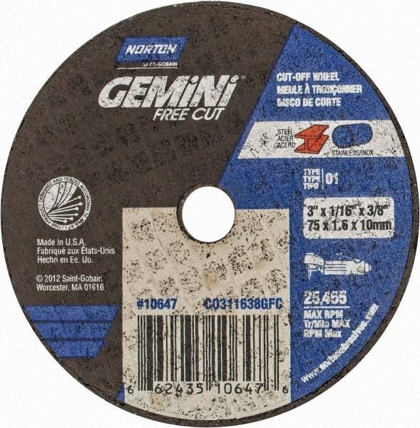 Norton - 3" 36 Grit Aluminum Oxide Cutoff Wheel - 1/16" Thick, 3/8" Arbor, 25,465 Max RPM, Use with Die Grinders - A1 Tooling