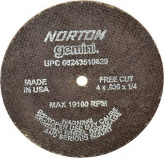 Norton - 4" 60 Grit Aluminum Oxide Cutoff Wheel - 0.035" Thick, 1/4" Arbor, 19,100 Max RPM, Use with Die Grinders - A1 Tooling