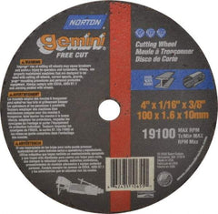 Norton - 4" 36 Grit Aluminum Oxide Cutoff Wheel - 1/16" Thick, 3/8" Arbor, 19,100 Max RPM, Use with Die Grinders - A1 Tooling