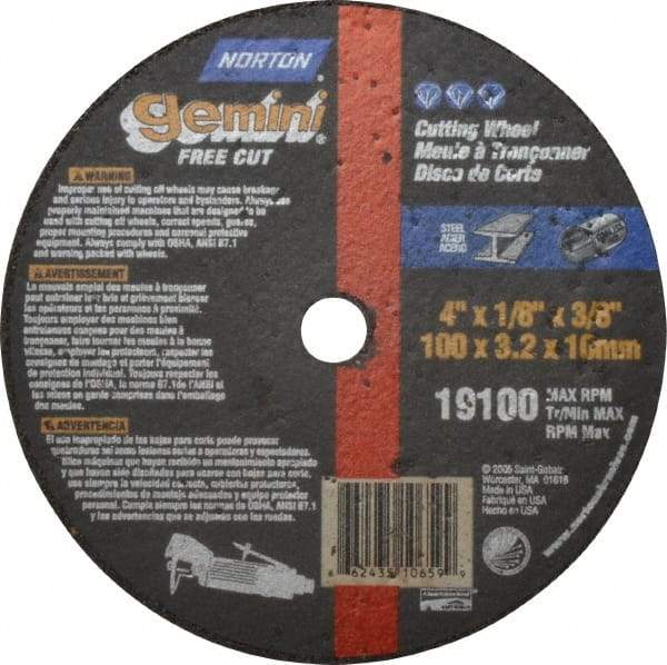 Norton - 4" 36 Grit Aluminum Oxide Cutoff Wheel - 1/8" Thick, 3/8" Arbor, 19,100 Max RPM, Use with Die Grinders - A1 Tooling