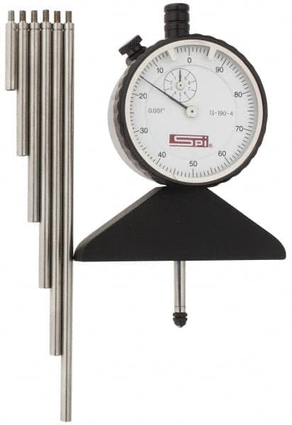 SPI - 0 to 22 Inch Range, Steel, White Dial Depth Gage - 0.001 Inch Graduation, 0.001 Inch Accuracy, 1 Inch Travel, 3.2 Inch Base Measuring Length - A1 Tooling