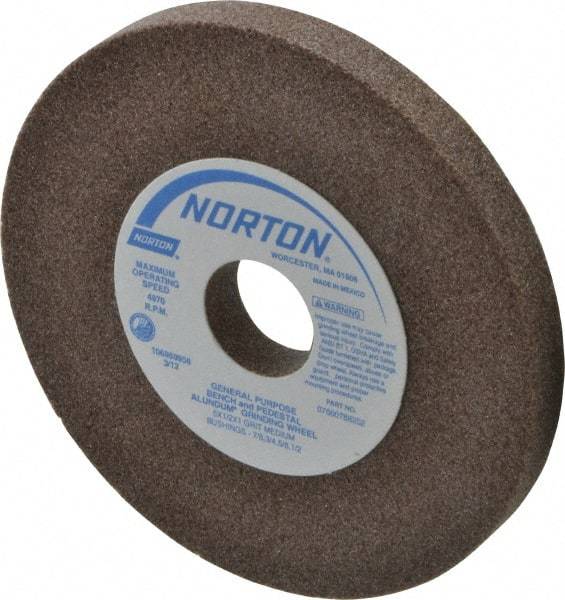 Norton - 60/80 Grit Aluminum Oxide Bench & Pedestal Grinding Wheel - 5" Diam x 1" Hole x 1/2" Thick, 4970 Max RPM, Medium Grade - A1 Tooling