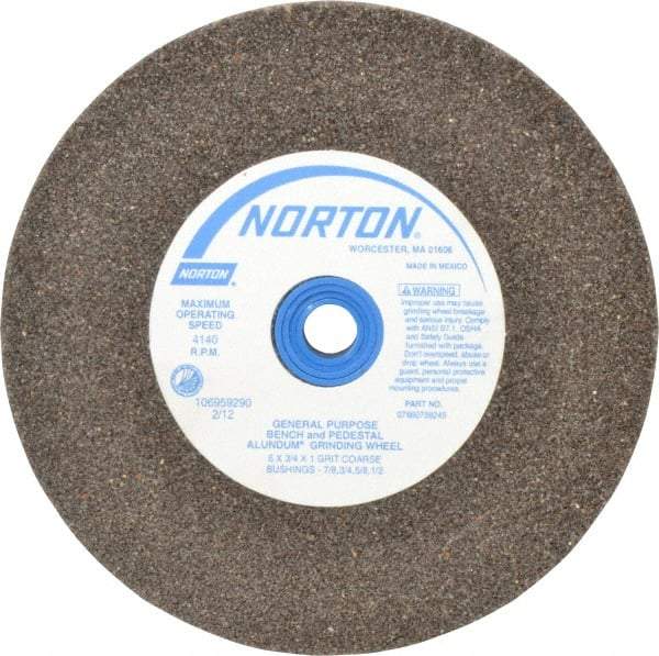 Norton - 36 Grit Aluminum Oxide Bench & Pedestal Grinding Wheel - 6" Diam x 1" Hole x 3/4" Thick, 4140 Max RPM, Very Coarse/Coarse Grade - A1 Tooling