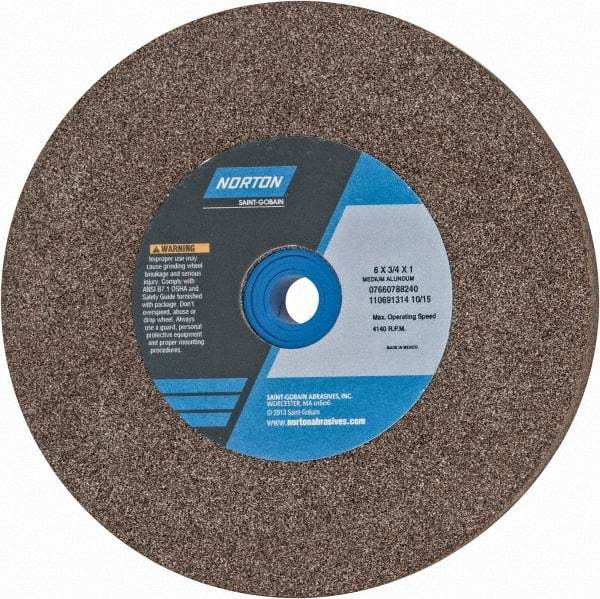 Norton - 60/80 Grit Aluminum Oxide Bench & Pedestal Grinding Wheel - 6" Diam x 1" Hole x 3/4" Thick, 4140 Max RPM, Medium Grade - A1 Tooling