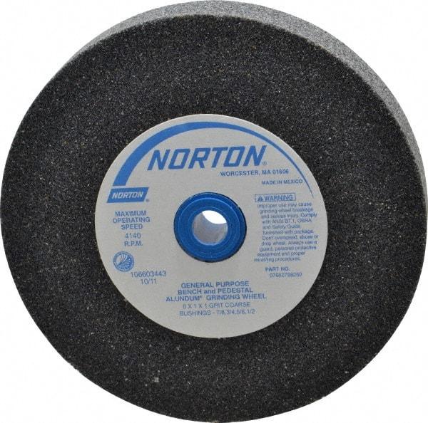 Norton - 36 Grit Aluminum Oxide Bench & Pedestal Grinding Wheel - 6" Diam x 1" Hole x 1" Thick, 4140 Max RPM, Very Coarse/Coarse Grade - A1 Tooling