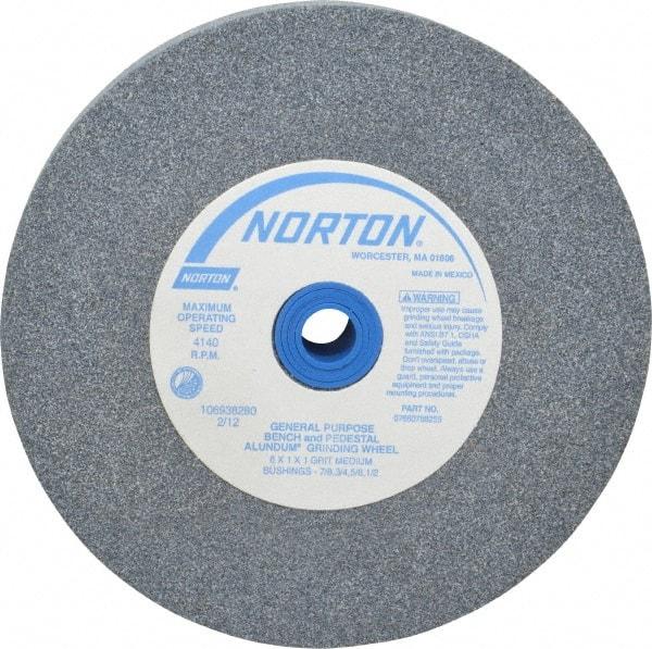 Norton - 60 Grit Aluminum Oxide Bench & Pedestal Grinding Wheel - 6" Diam x 1" Hole x 1" Thick, 4140 Max RPM, Medium Grade - A1 Tooling