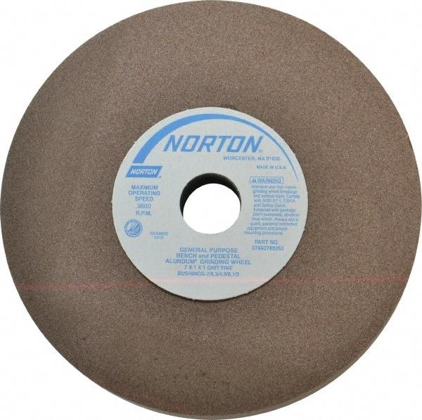 Norton - 100 Grit Aluminum Oxide Bench & Pedestal Grinding Wheel - 7" Diam x 1" Hole x 1" Thick, 3600 Max RPM, Fine Grade - A1 Tooling