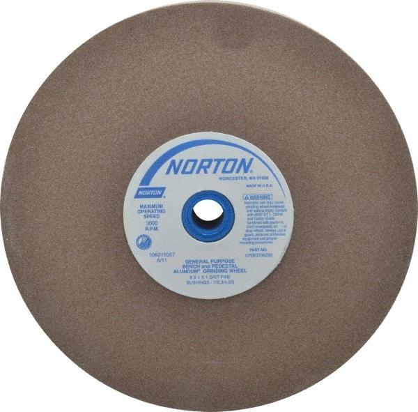 Norton - 100 Grit Aluminum Oxide Bench & Pedestal Grinding Wheel - 8" Diam x 1" Hole x 1" Thick, 3600 Max RPM, Fine Grade - A1 Tooling