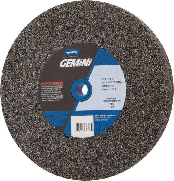 Norton - 24 Grit Aluminum Oxide Bench & Pedestal Grinding Wheel - 10" Diam x 1-1/4" Hole x 1" Thick, 2485 Max RPM, Very Coarse Grade - A1 Tooling