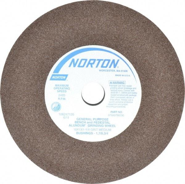 Norton - 60/80 Grit Aluminum Oxide Bench & Pedestal Grinding Wheel - 10" Diam x 1-1/4" Hole x 1" Thick, 2485 Max RPM, Medium Grade - A1 Tooling