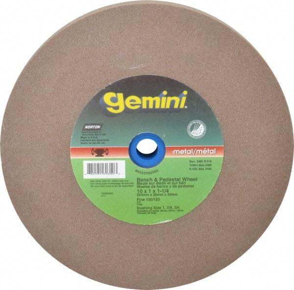 Norton - 100 Grit Aluminum Oxide Bench & Pedestal Grinding Wheel - 10" Diam x 1-1/4" Hole x 1" Thick, 2485 Max RPM, Fine Grade - A1 Tooling