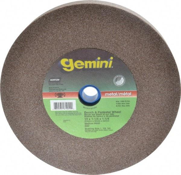 Norton - 60/80 Grit Aluminum Oxide Bench & Pedestal Grinding Wheel - 10" Diam x 1-1/4" Hole x 1-1/4" Thick, 2485 Max RPM, Medium Grade - A1 Tooling