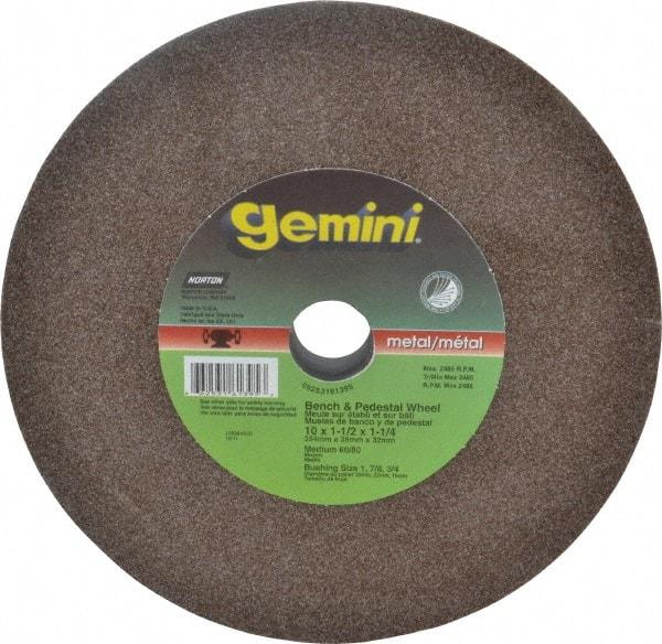 Norton - 60 Grit Aluminum Oxide Bench & Pedestal Grinding Wheel - 10" Diam x 1-1/4" Hole x 1-1/2" Thick, 2485 Max RPM, Medium Grade - A1 Tooling