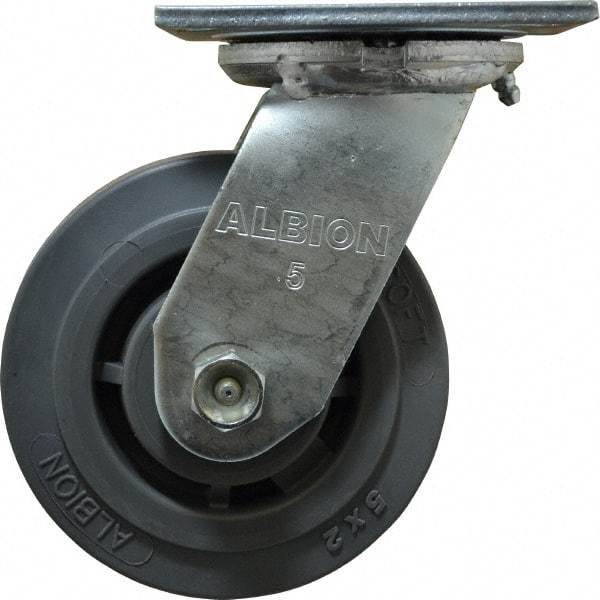 Albion - 5" Diam x 2" Wide x 6-1/2" OAH Top Plate Mount Swivel Caster - Soft Rubber, 350 Lb Capacity, Roller Bearing, 4 x 4-1/2" Plate - A1 Tooling