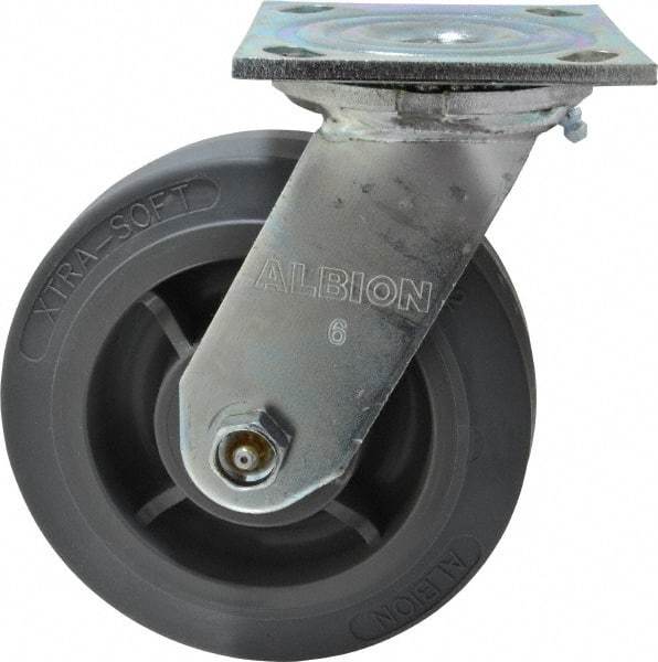 Albion - 6" Diam x 2" Wide x 7-1/4" OAH Top Plate Mount Swivel Caster - Soft Rubber, 600 Lb Capacity, Roller Bearing, 4 x 4-1/2" Plate - A1 Tooling