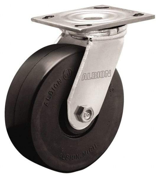 Albion - 8" Diam x 2" Wide x 9-1/2" OAH Top Plate Mount Swivel Caster - Rubber, 500 Lb Capacity, Roller Bearing, 4 x 4-1/2" Plate - A1 Tooling