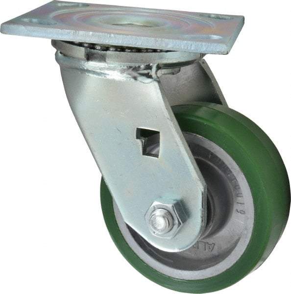 Albion - 4" Diam x 1-1/2" Wide x 5-5/8" OAH Top Plate Mount Swivel Caster - Polyurethane, 600 Lb Capacity, Roller Bearing, 4 x 4-1/2" Plate - A1 Tooling