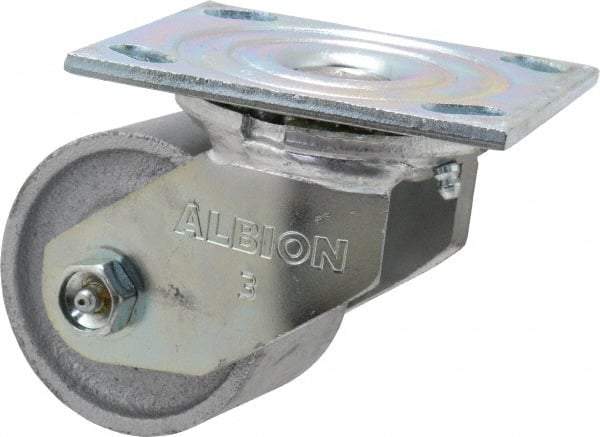 Albion - 3-1/4" Diam x 2-3/16" Wide x 4-1/4" OAH Top Plate Mount Swivel Caster - Cast Iron, 700 Lb Capacity, Roller Bearing, 4 x 4-1/2" Plate - A1 Tooling