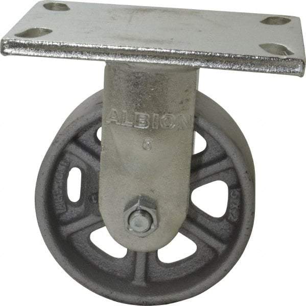 Albion - 5" Diam x 2" Wide x 6-1/2" OAH Top Plate Mount Rigid Caster - Cast Iron, 1,000 Lb Capacity, Roller Bearing, 5 x 6-1/4" Plate - A1 Tooling