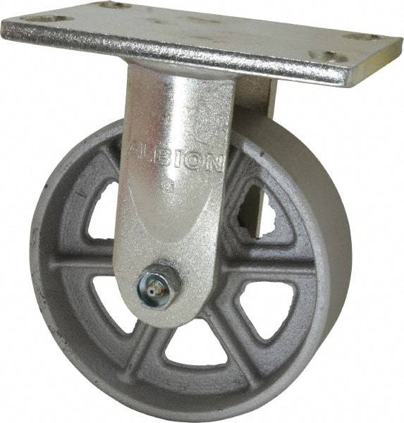 Albion - 6" Diam x 2" Wide x 7-1/2" OAH Top Plate Mount Rigid Caster - Cast Iron, 1,200 Lb Capacity, Roller Bearing, 5 x 6-1/4" Plate - A1 Tooling