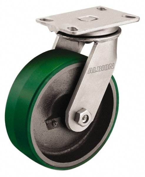 Albion - 12" Diam x 2-1/2" Wide x 13-1/2" OAH Top Plate Mount Swivel Caster - Polyurethane, 2,000 Lb Capacity, Roller Bearing, 4-1/2 x 6-1/4" Plate - A1 Tooling