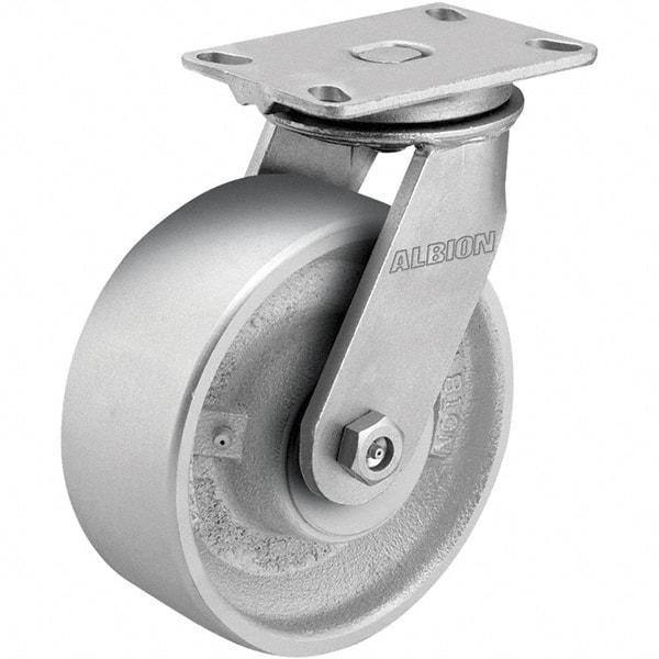 Albion - 8" Diam x 3" Wide x 10-1/8" OAH Top Plate Mount Rigid Caster - Cast Iron, 2,000 Lb Capacity, Roller Bearing, 5 x 6-1/4" Plate - A1 Tooling