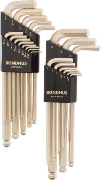 Bondhus - 22 Piece L-Key Ball End Hex Key Set - Hex Range 0.05 to 3/8", Steel - A1 Tooling