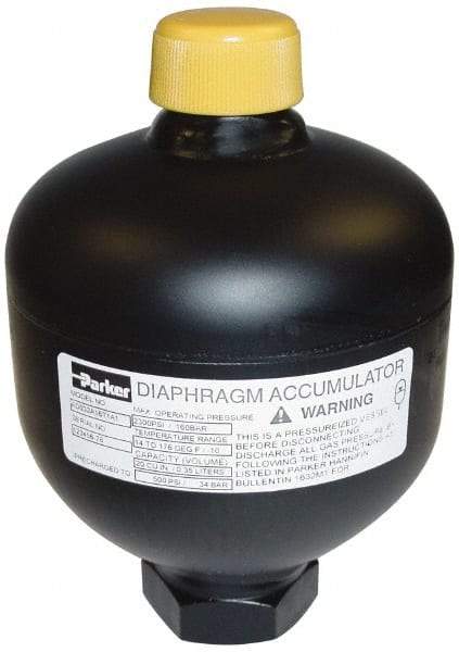 Parker - 120 Lb. Capacity, 3,620 psi Max Working Pressure, 9.88" High, Hydrin Diaphragm Accumulator - 6.14" Diam, 8 SAE Port Thread - A1 Tooling