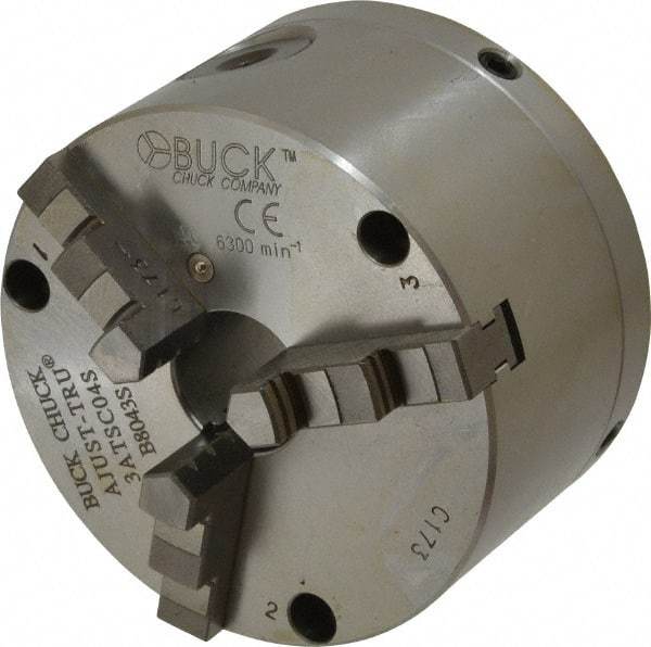 Buck Chuck Company - 3 Jaws, 4" Diam, Self Centering Manual Lathe Chuck - Front Mount, Adjustable, 6,300 Max RPM, 1.04" Through Hole Diam, Forged Steel - A1 Tooling