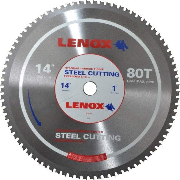 Lenox - 14" Diam, 1" Arbor Hole Diam, 80 Tooth Wet & Dry Cut Saw Blade - Titanium Carbide-Tipped, General Purpose Action, Standard Round Arbor - A1 Tooling