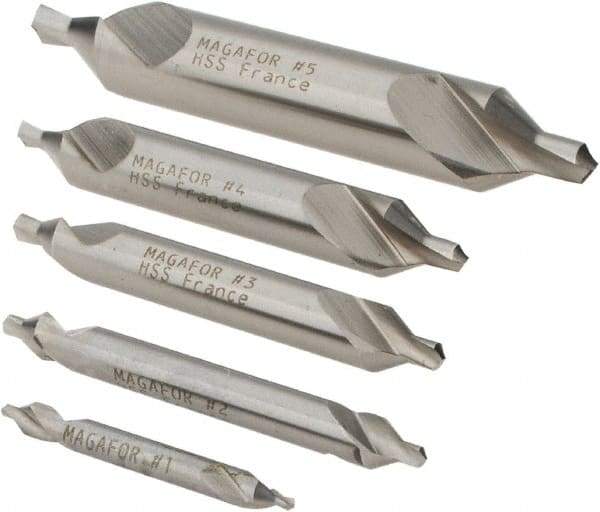 Magafor - 5 Piece, #1 to 5, 1/8 to 7/16" Body Diam, 3/64 to 3/16" Point Diam, Plain Edge, High Speed Steel Combo Drill & Countersink Set - 60° Incl Angle, 0.067 to 0.256" Point Length, 1/8 to 2-3/4" OAL, Double End, 115 Series Compatibility - A1 Tooling