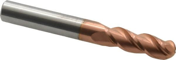 Accupro - 3/8" Diam, 1-1/8" LOC, 3 Flute Solid Carbide Ball End Mill - TiCN Finish, Single End, 3" OAL, 3/8" Shank Diam, Spiral Flute - A1 Tooling