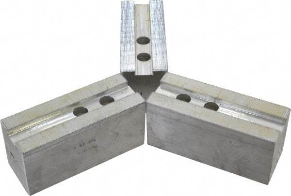 H & R Manufacturing - 1.5mm x 60° Serrated Attachment, Square Soft Lathe Chuck Jaw - 3 Jaws, Aluminum, 1.181" Btw Mount Hole Ctrs, 5-1/4" Long x 2" Wide x 2-1/2" High, 0.71" Groove, 14mm Fastener - A1 Tooling