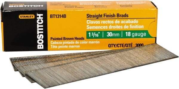 Stanley Bostitch - 18 Gauge 0.05" Shank Diam 1-3/16" Long Brad Nails for Power Nailers - Steel, Bright Finish, Ring Shank, Straight Stick Adhesive Collation, Brad Head, Chisel Point - A1 Tooling