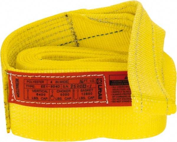 Lift-All - 16' Long x 4" Wide, 6,400 Lb Vertical Capacity, 1 Ply, Polyester Web Sling - 5,000 Lb Choker Capacity, Yellow - A1 Tooling