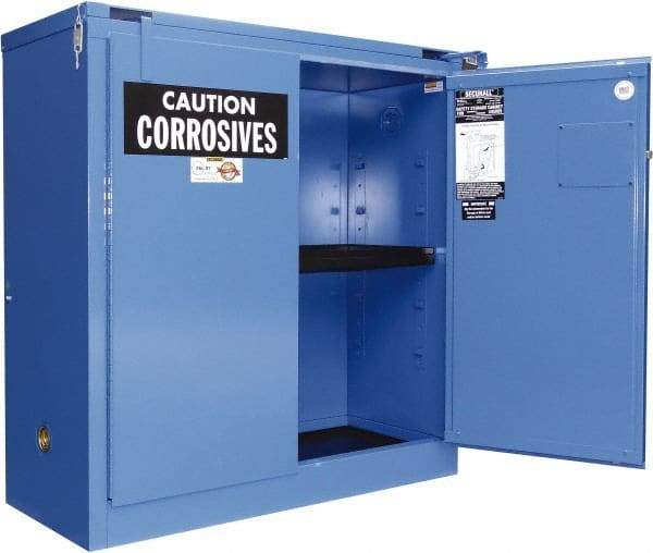 Securall Cabinets - 2 Door, 2 Shelf, Blue Steel Standard Safety Cabinet for Corrosive Chemicals - 67" High x 43" Wide x 18" Deep, Self Closing Door, 3 Point Key Lock, 45 Gal Capacity - A1 Tooling