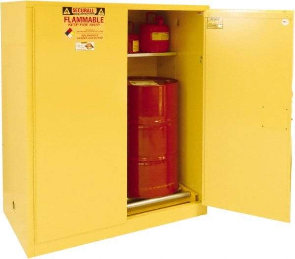 Securall Cabinets - 56" Wide x 31" Deep x 65" High, 18 Gauge Steel Vertical Drum Cabinet with 3 Point Key Lock - Yellow, Manual Closing Door, 1 Shelf, 2 Drums, Drum Rollers Included - A1 Tooling