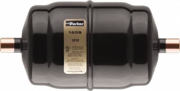 Parker - 3/8" Connection, 2-1/2" Diam, 4.39" Long, Refrigeration Liquid Line Filter Dryer - 5-3/16" Cutout Length, 78 Drops Water Capacity - A1 Tooling