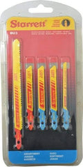 Starrett - 5 Piece, 3" to 5" Long, 10-14 to 32 Teeth per Inch, Bi-Metal Jig Saw Blade Set - Toothed Edge, 3/16" to 3/8" Wide, 0.04" to 0.04" Thick, U-Shank - A1 Tooling