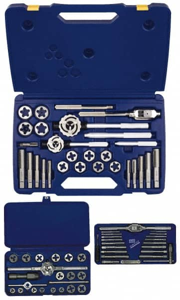 Irwin - #4-40 to 1-14 Tap, #4-40 to 1-14 Die, NPT, UNC, UNF, Tap and Die Set - Bright Finish Carbon Steel, Carbon Steel Taps, Nonadjustable 5/8, 1, 1-7/16, 1-13/16" Hex Size, 66 Piece Set with Plastic Case - Exact Industrial Supply