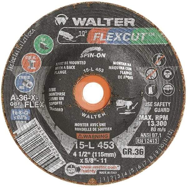 WALTER Surface Technologies - 4-1/2" Diam x 5/8" Hole, 36 Grit Surface Grinding Wheel - Aluminum Oxide, Very Coarse Grade, 13,300 Max RPM - A1 Tooling